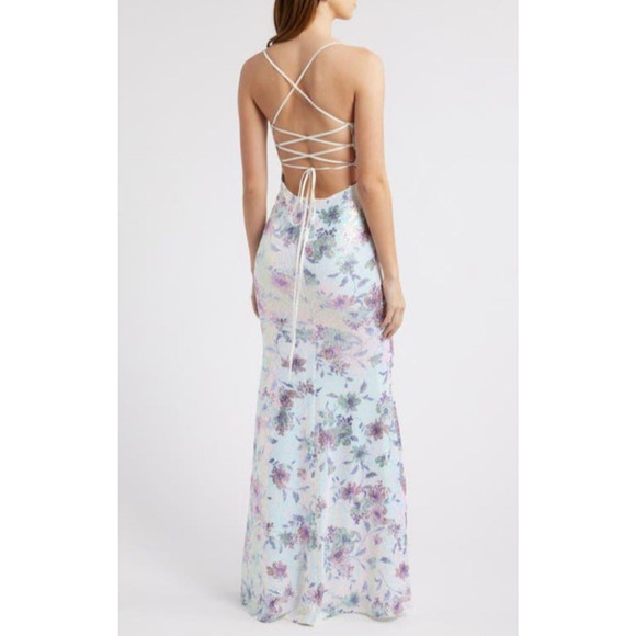 City Studio Floral Sequin Mermaid Dress Aqua Lilac Sz Large Fairy Whimsical - Picture 2 of 16